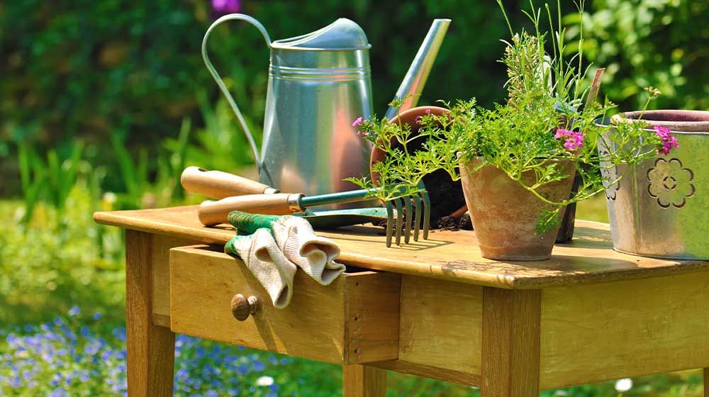 gardening tools and plants arranged on a wooden table in the garden | Awesome Potting Bench Ideas You Can DIY | garden work bench | featured