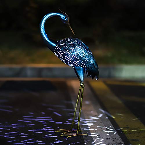 Metal Heron Solar Powered LED Light for Patio Backyard Pathway Lawn Yard Art Sculpture Decorations 27.55-Inch Blue Kircust Garden Solar Lights Outdoor Crane Statue Decor