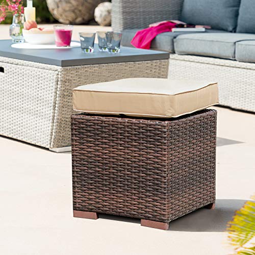 Patiorama Outdoor Patio Ottoman Grey All Weather Wicker Rattan Ottoman with Cushion 