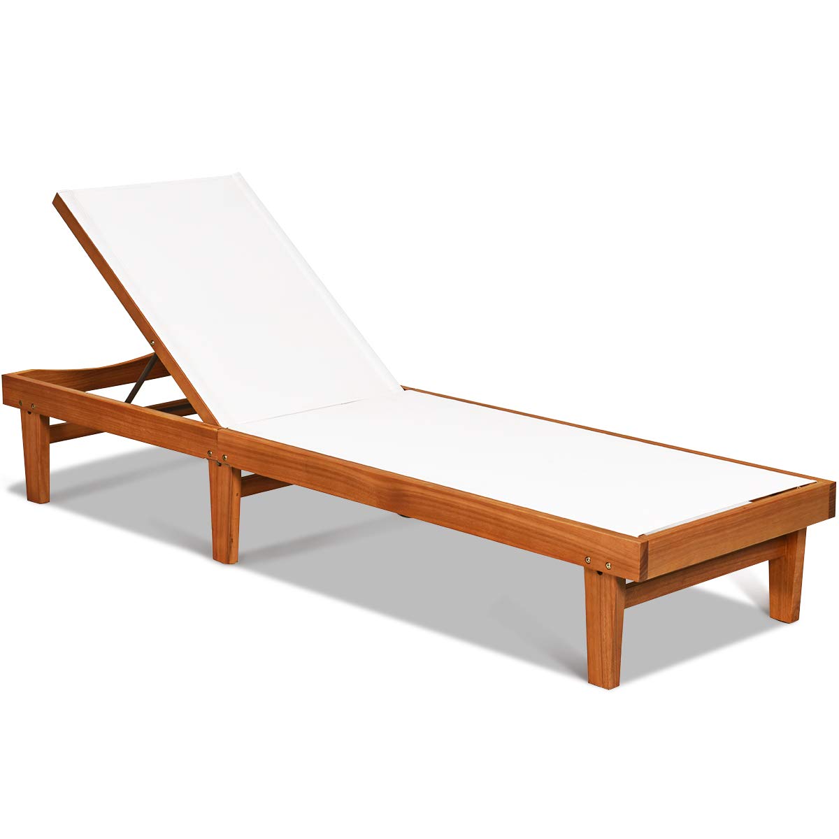 2, White Patio Chaise Lounger with Adjustable Back Eucalyptus Wood Reclining Lounge Chair with Breathable Fabric for Poolside Lawn Backyard Tangkula Outdoor Wood Chaise Lounge Chair 