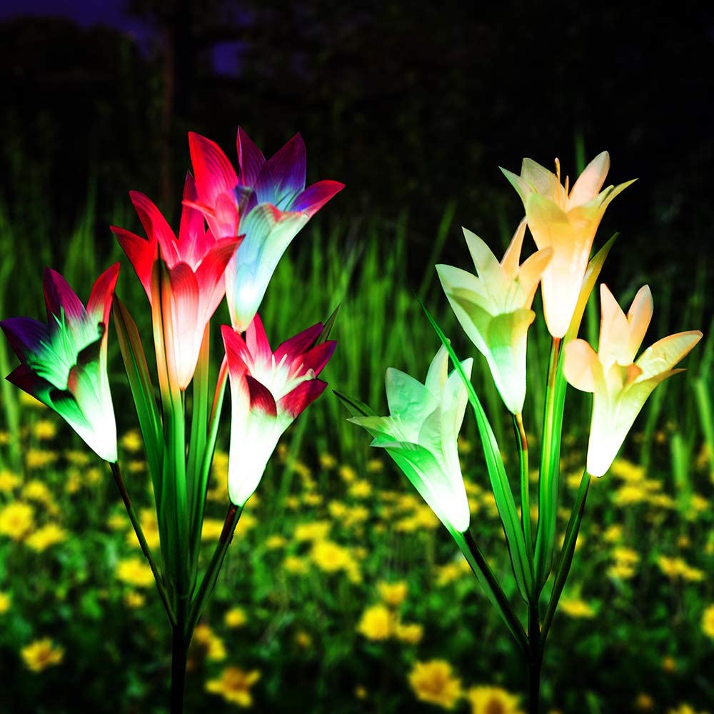 2 Pack Solar Powered Lily Flower Garden Yard Stake Pathway Lawn Light LED Sun 