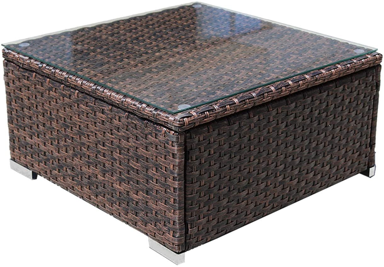 Square SOLAURA Outdoor Table Black Wicker Patio Coffee Table for Outdoor Furniture Sets Garden Side Table with Glass Top 