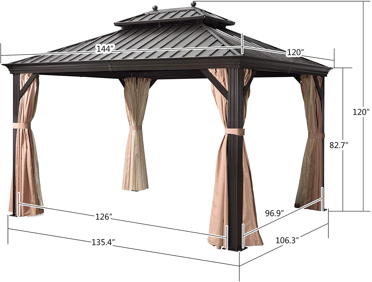 PURPLE LEAF 10 Feet Steel Frame Outdoor Gazebo Garden Canopy with Netting Khaki