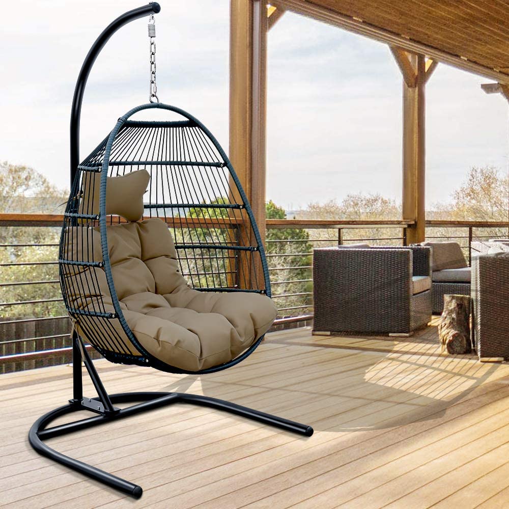 Deep Rattan Wicker Hanging Egg Chair Hammock Chair with Cushion and Pillow for Indoor Outdoor Bedroom Patio Garden ToMe Foldable Swing Chair with Stand 