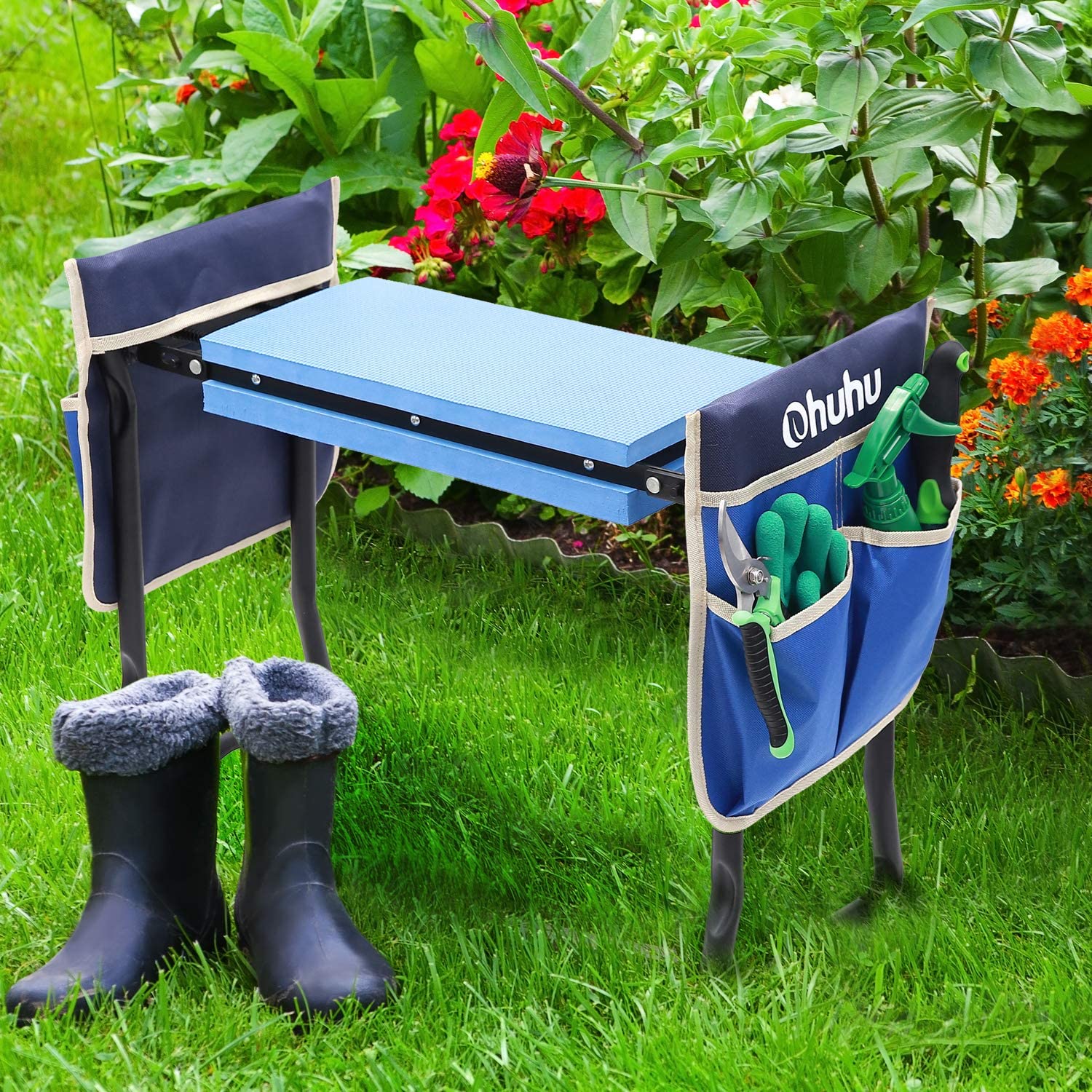 Ohuhu Garden Kneeler and Seat with 2 Bonus Tool Pouches Foldable Garden Bench S 