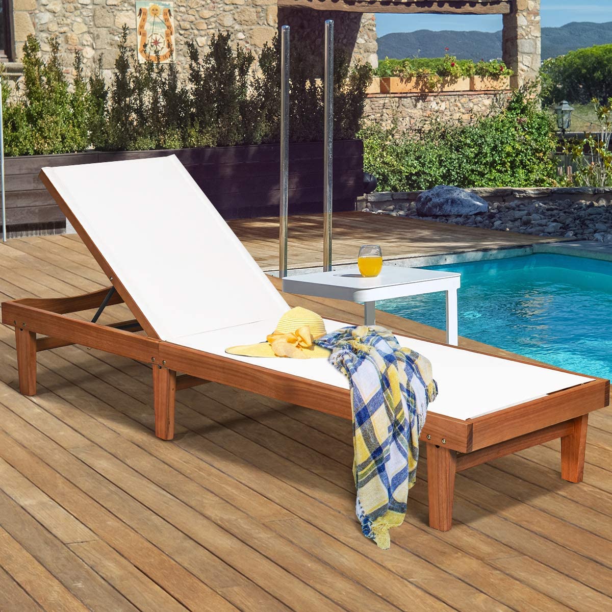 Patio Chaise Lounger with Adjustable Back Tangkula Outdoor Wooden Chaise Lounge Chair Eucalyptus Wood Reclining Lounge Chair with Breathable Fabric for Poolside Lawn Backyard 1, White 