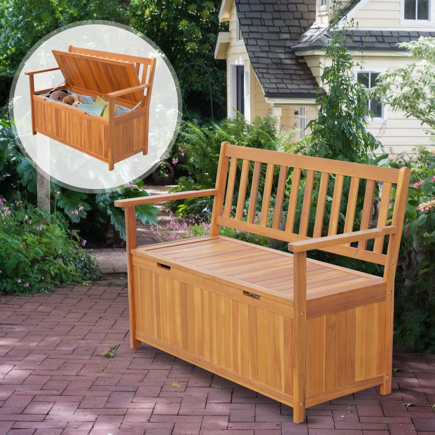 Outsunny 47.25" Wooden Outdoor Storage Bench with PE Lining Deck Box