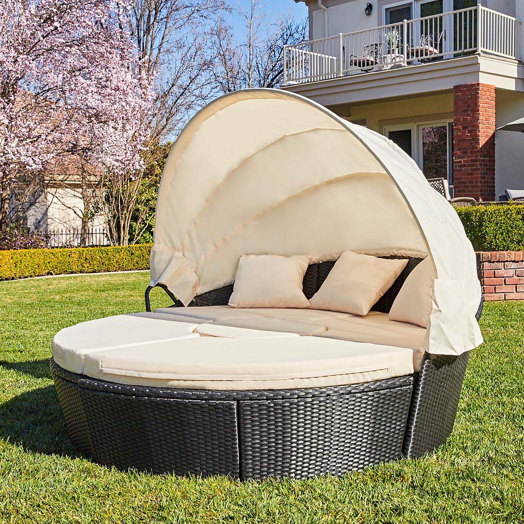 M&W Outdoor Funiture Round Patio Daybed with Retractable Canopy PE Wicker Rattan Sofa Set with Lift Top Coffee Table for Lawn Garden Backyard Pool 