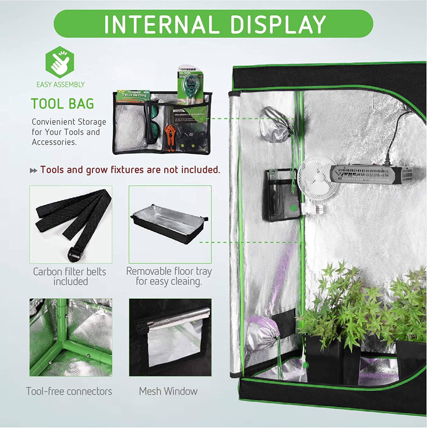24""x48""x60" Hydroponic Grow Tent with Observation Window and Floor Tray Indoor
