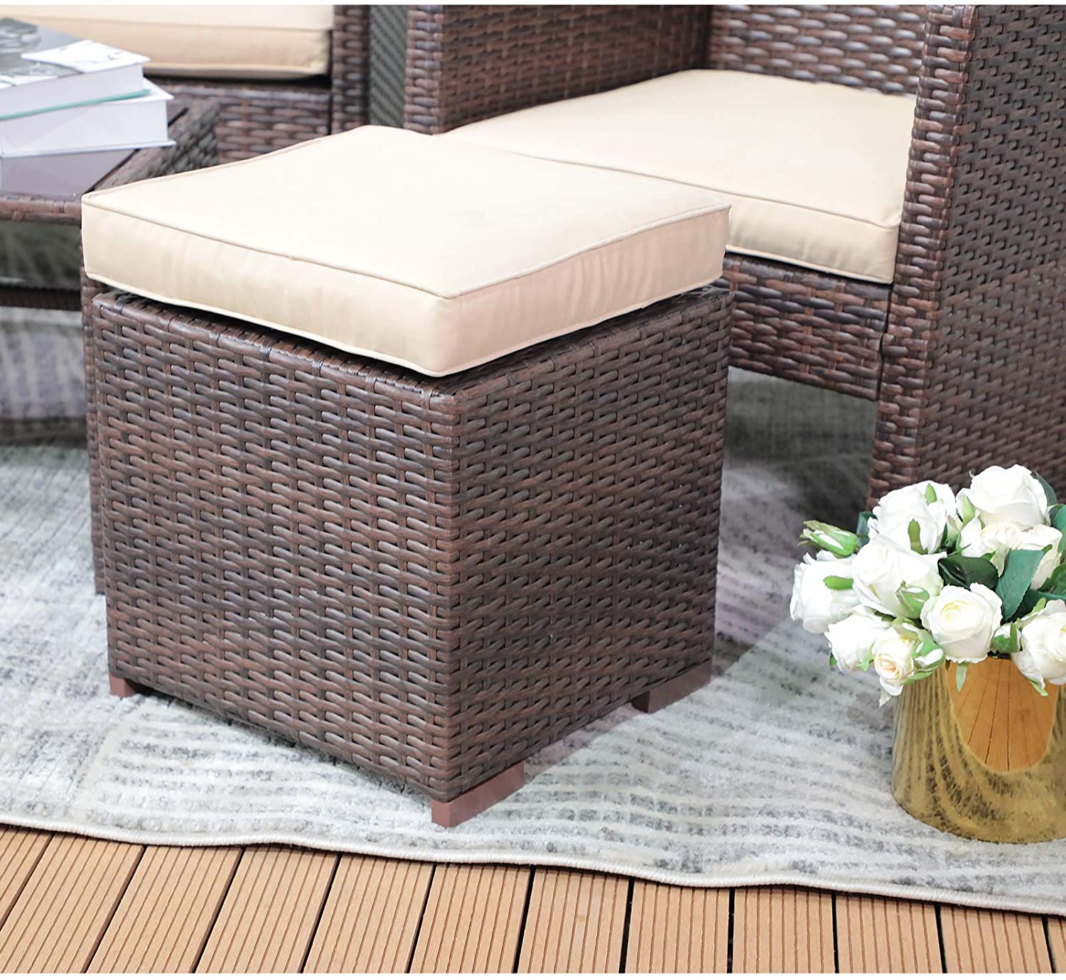 No Assembly Required Indoor Outdoor All-Weather Dark Brown Wicker Rattan Outdoor Footstool Footrest Seat with Beige Cushions Patiorama 2 Pieces Assembled Outdoor Patio Ottoman