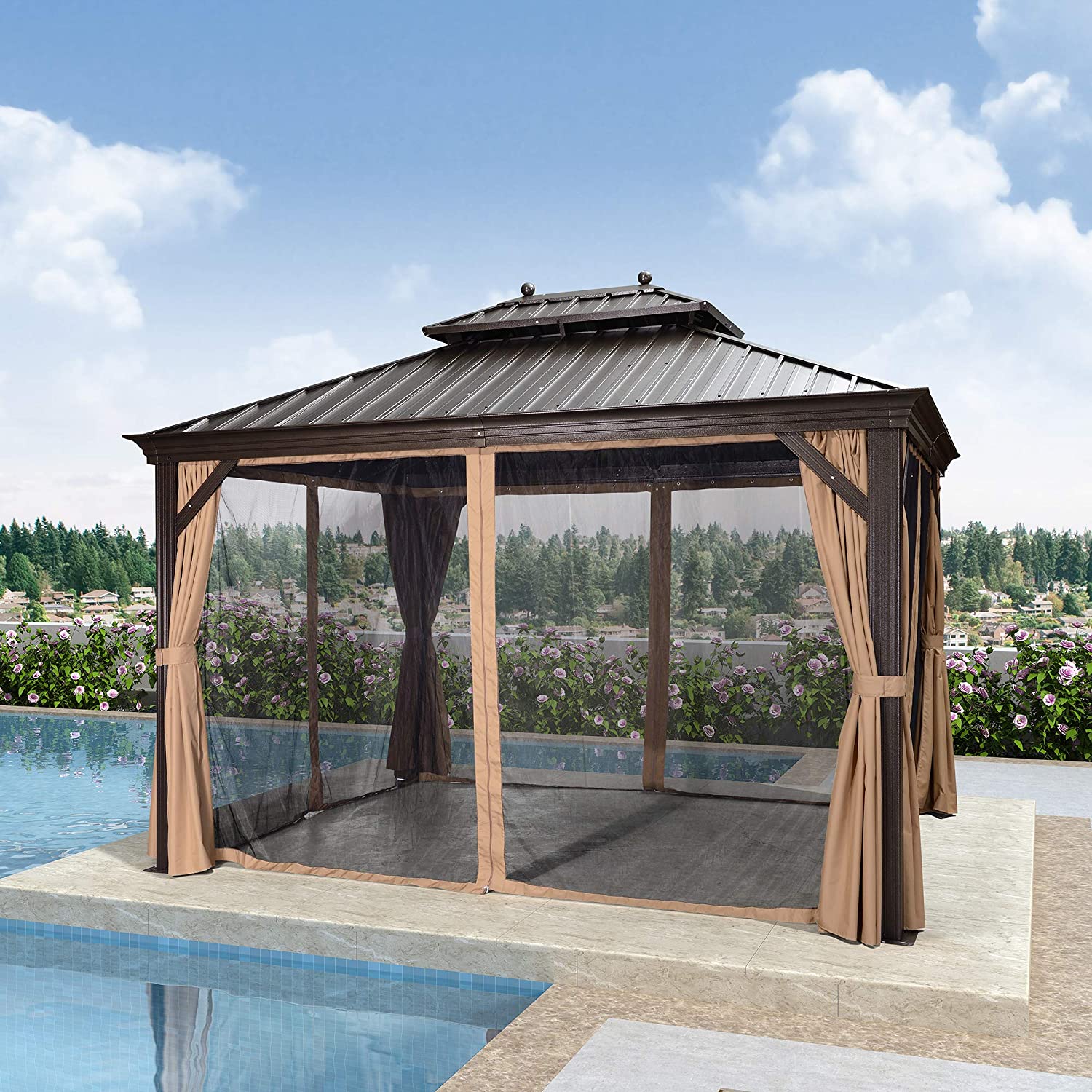 PURPLE LEAF 10 Feet Steel Frame Outdoor Gazebo Garden Canopy with Netting Khaki