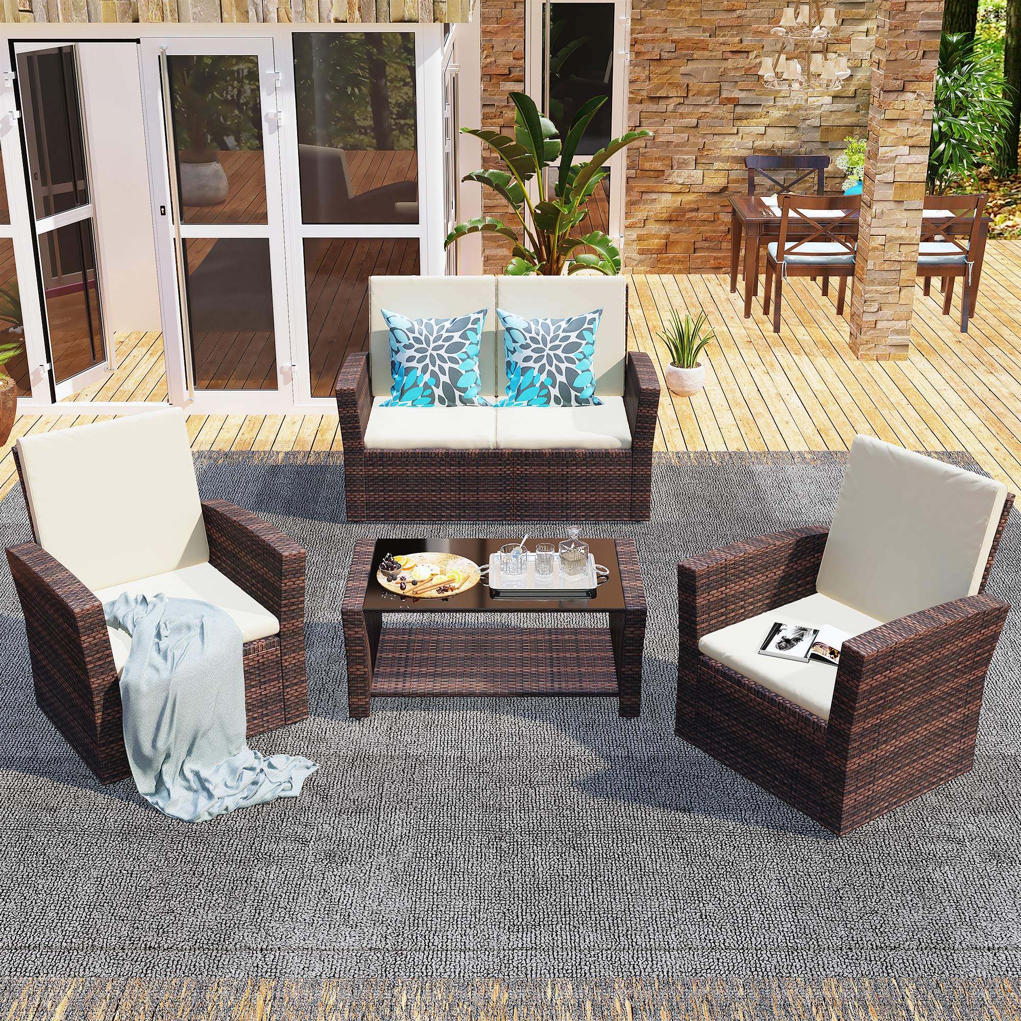 Yitahome 5 Piece Patio Furniture Sets All Weather Outdoor Conversation Set Pe Rattan Wicker Small Sectional Sofa With Table Brown Garden Season - Patio Sectional Sets With Table