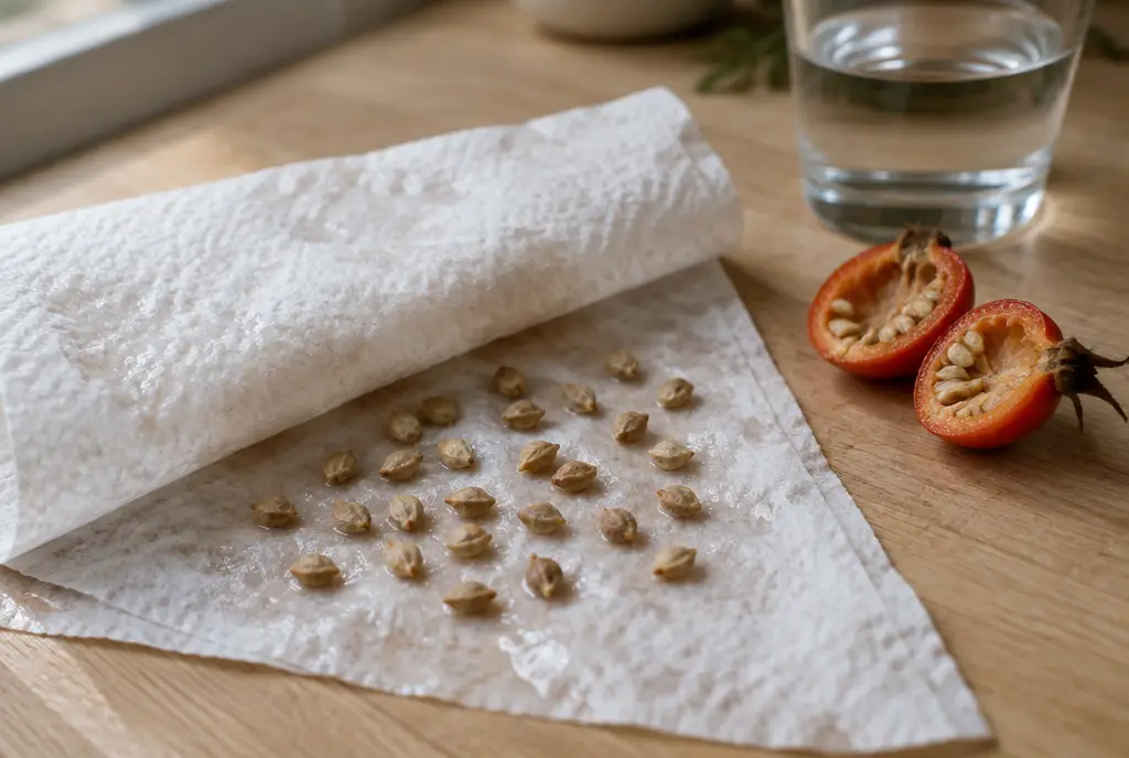 Cleaned rose seeds spread in a single layer on a damp paper towel next to a sliced ripe rose hip