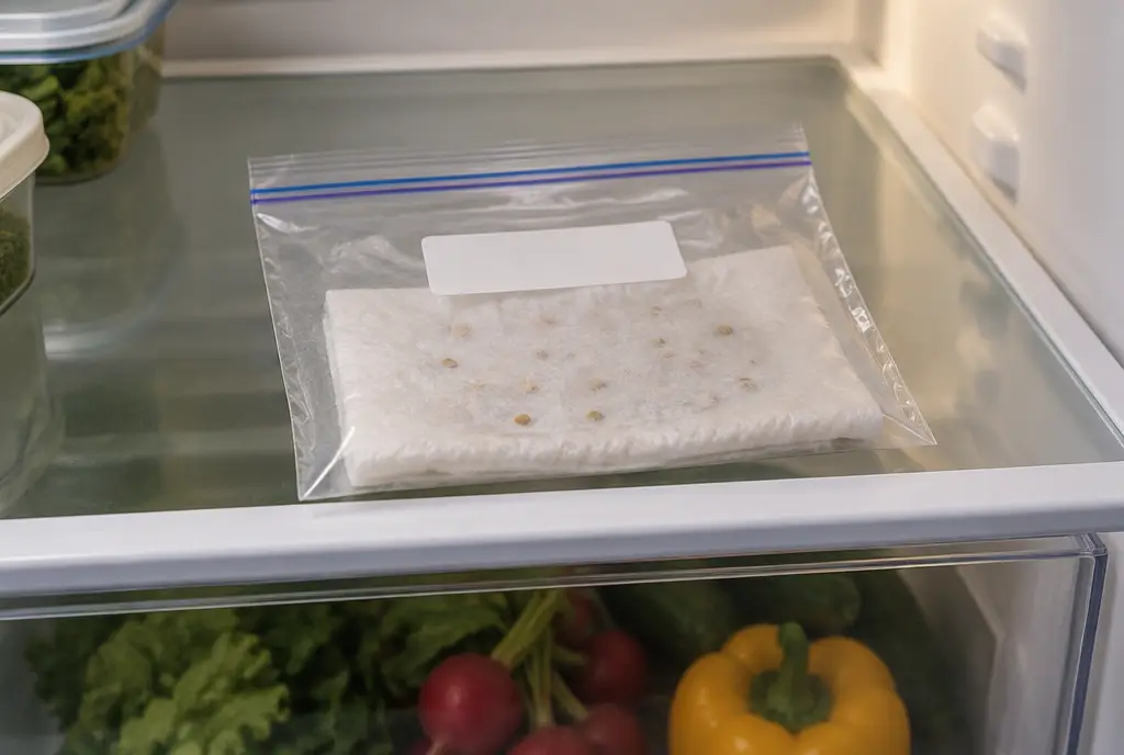 Sealed zip-top bag holding a folded damp paper towel of rose seeds on a refrigerator shelf above the crisper drawer