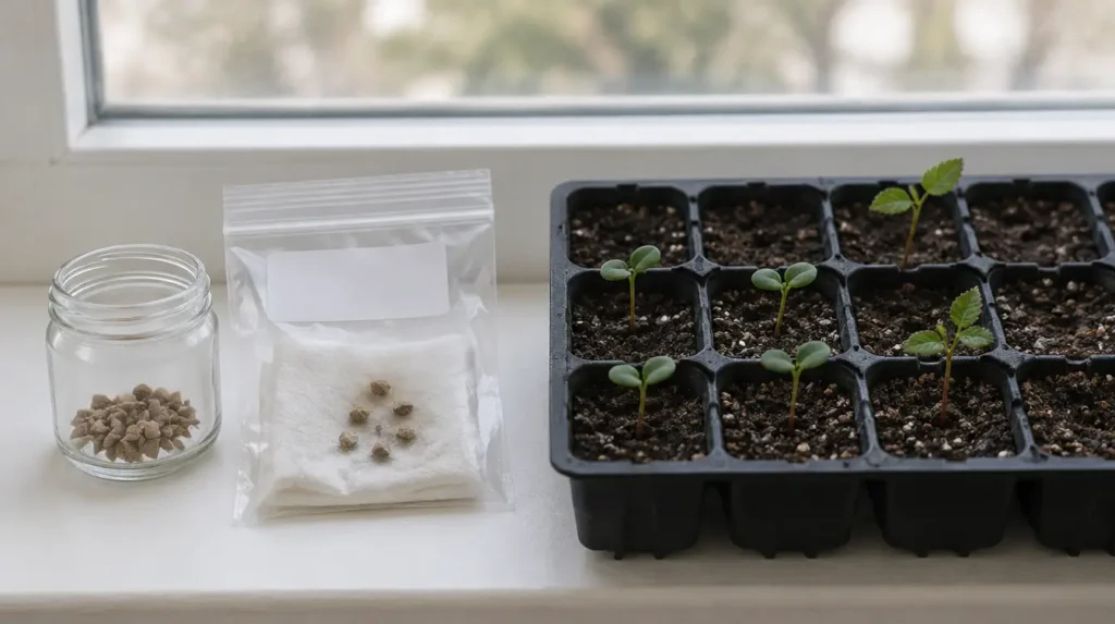 Jar and zip bag of cleaned rose seeds beside a seedling tray with a few young rose seedlings sprouting on a bright windowsill