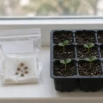 Jar and zip bag of cleaned rose seeds beside a seedling tray with a few young rose seedlings sprouting on a bright windowsill