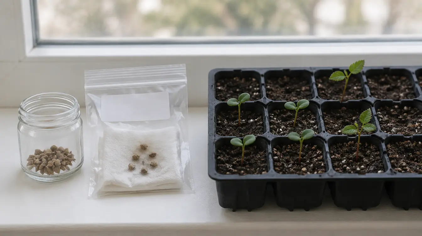 Jar and zip bag of cleaned rose seeds beside a seedling tray with a few young rose seedlings sprouting on a bright windowsill