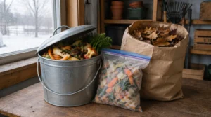 Metal kitchen compost pail of vegetable scraps beside a freezer bag of frozen scraps and a paper sack of dry leaves, with snow outside the window
